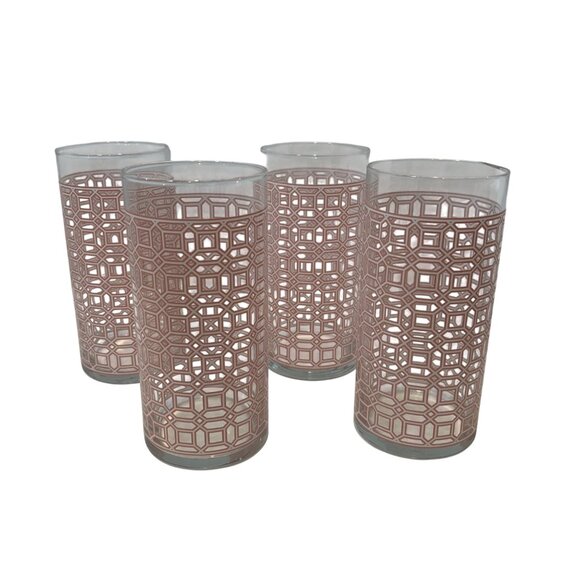 MCM Vintage Retro??? Pink & Clear Glass Tumblers With Modern Pattern Design 6 In - Picture 8 of 8